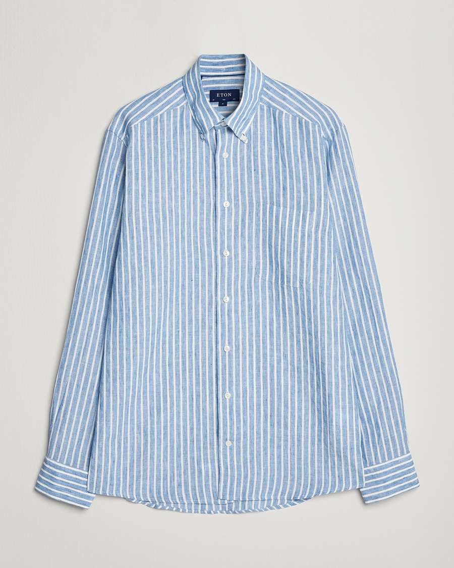 Homme | Chemises | Eton | Slim Fit Striped Linen Shirt Mid Blue