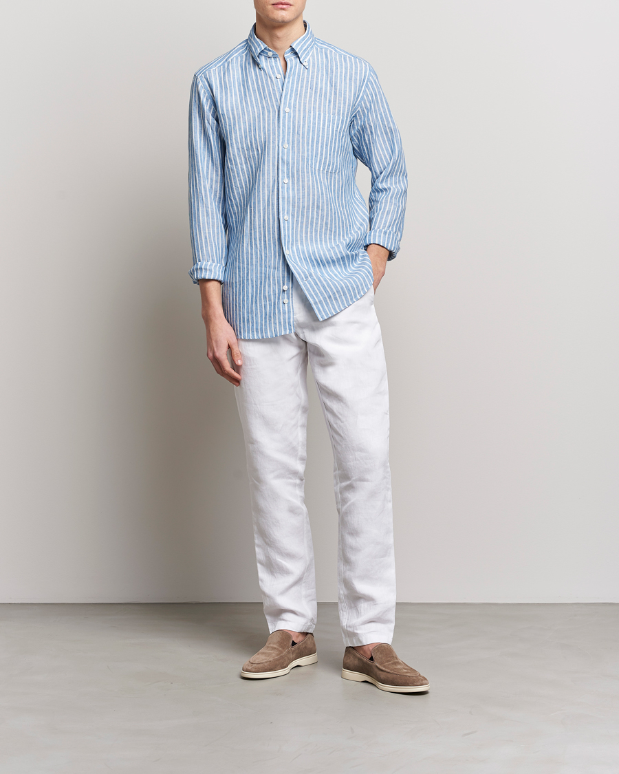 Homme | Chemises | Eton | Slim Fit Striped Linen Shirt Mid Blue
