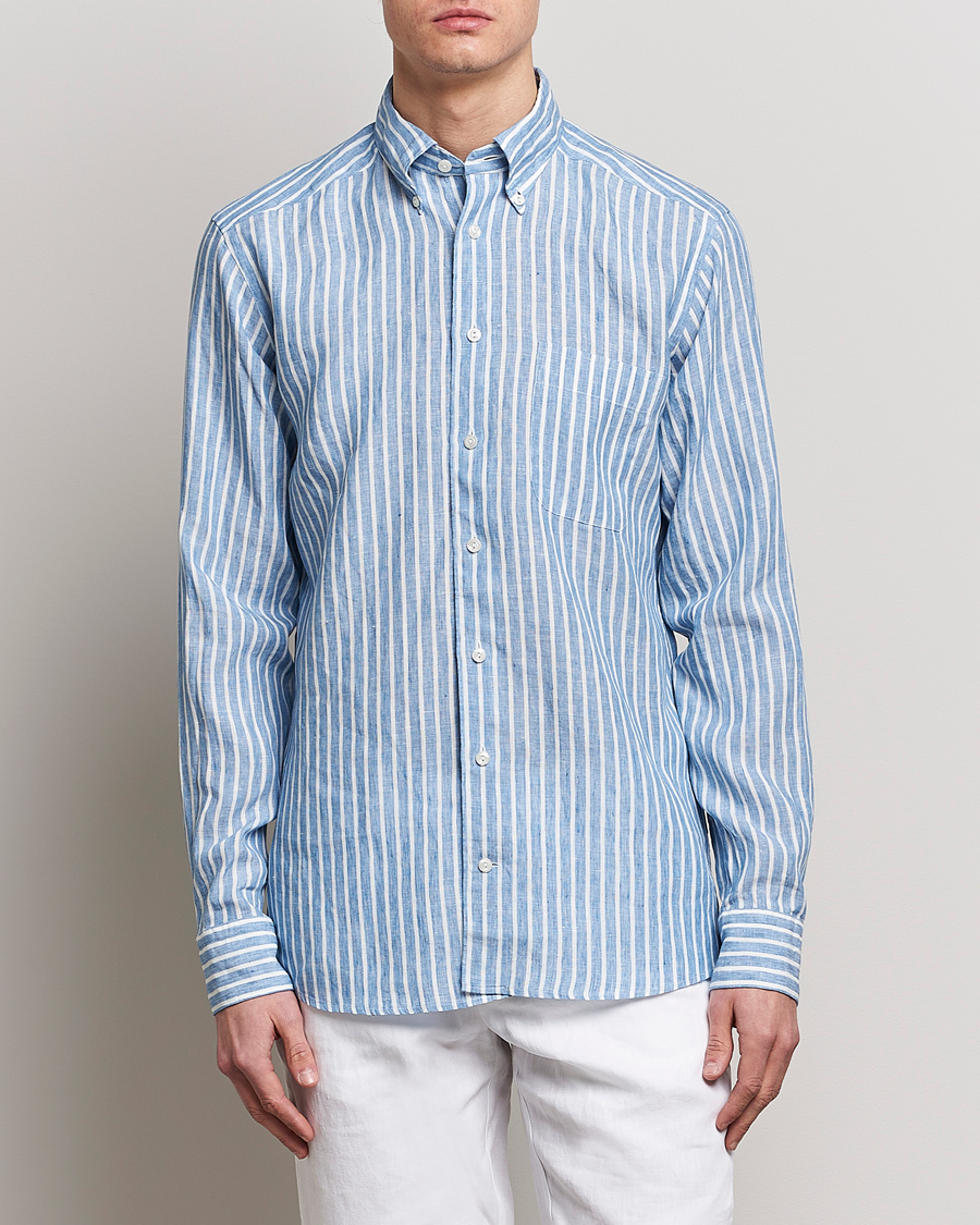 Homme | Chemises | Eton | Slim Fit Striped Linen Shirt Mid Blue