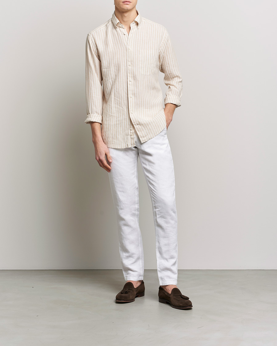 Homme | Chemises | Eton | Slim Fit Striped Linen Shirt Brown