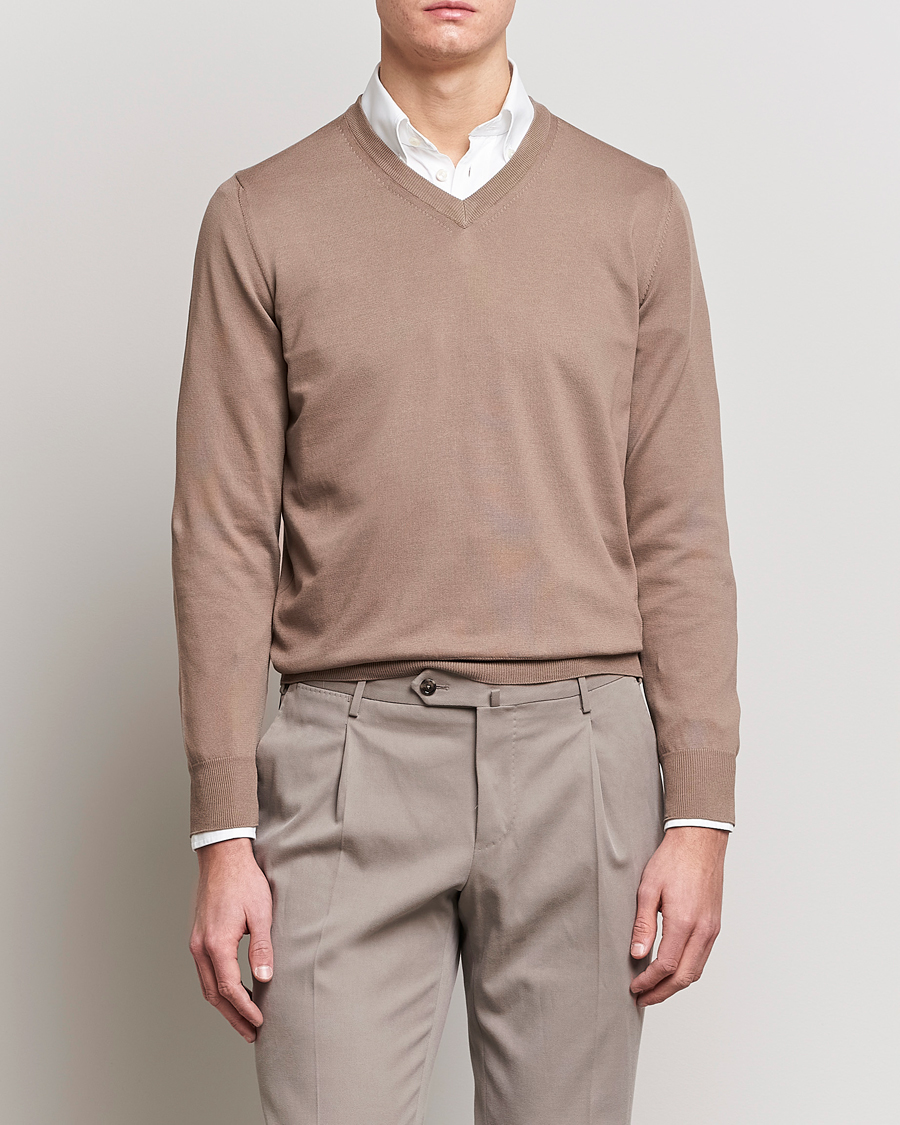 Homme | Pulls Et Tricots | Canali | Cotton V-Neck Pullover Brown