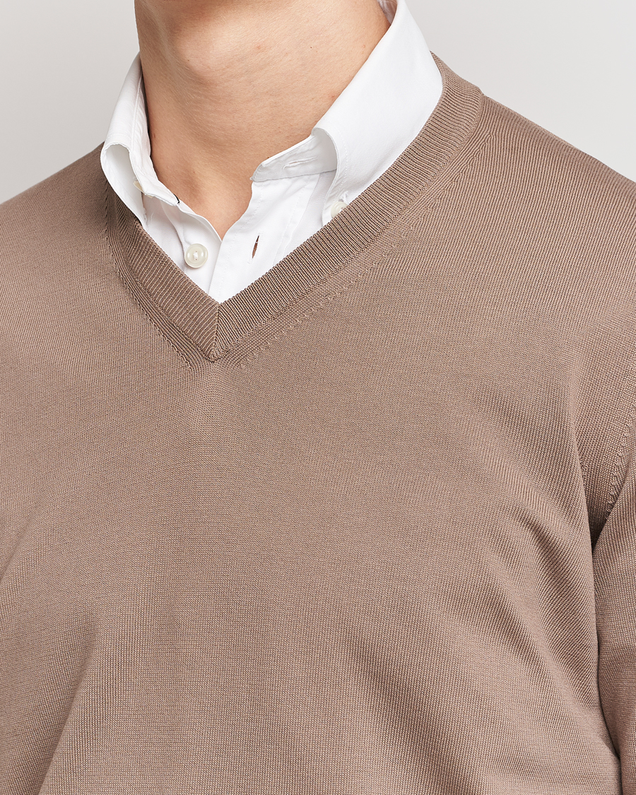 Homme | Pulls Et Tricots | Canali | Cotton V-Neck Pullover Brown
