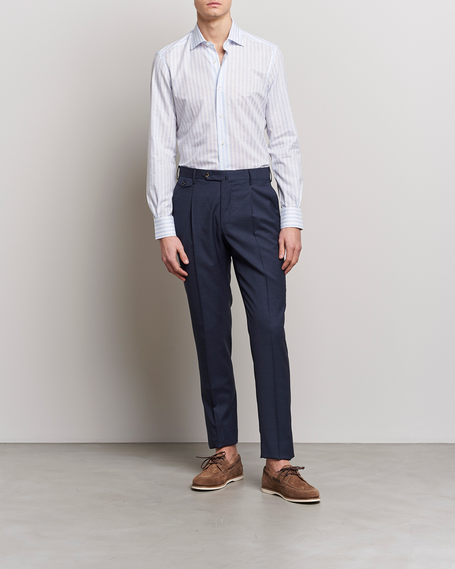 Homme | Chemises | Mazzarelli | Soft Cotton/Linen Shirt Light Blue Stripe
