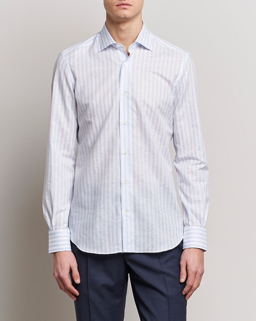 Homme | Chemises | Mazzarelli | Soft Cotton/Linen Shirt Light Blue Stripe