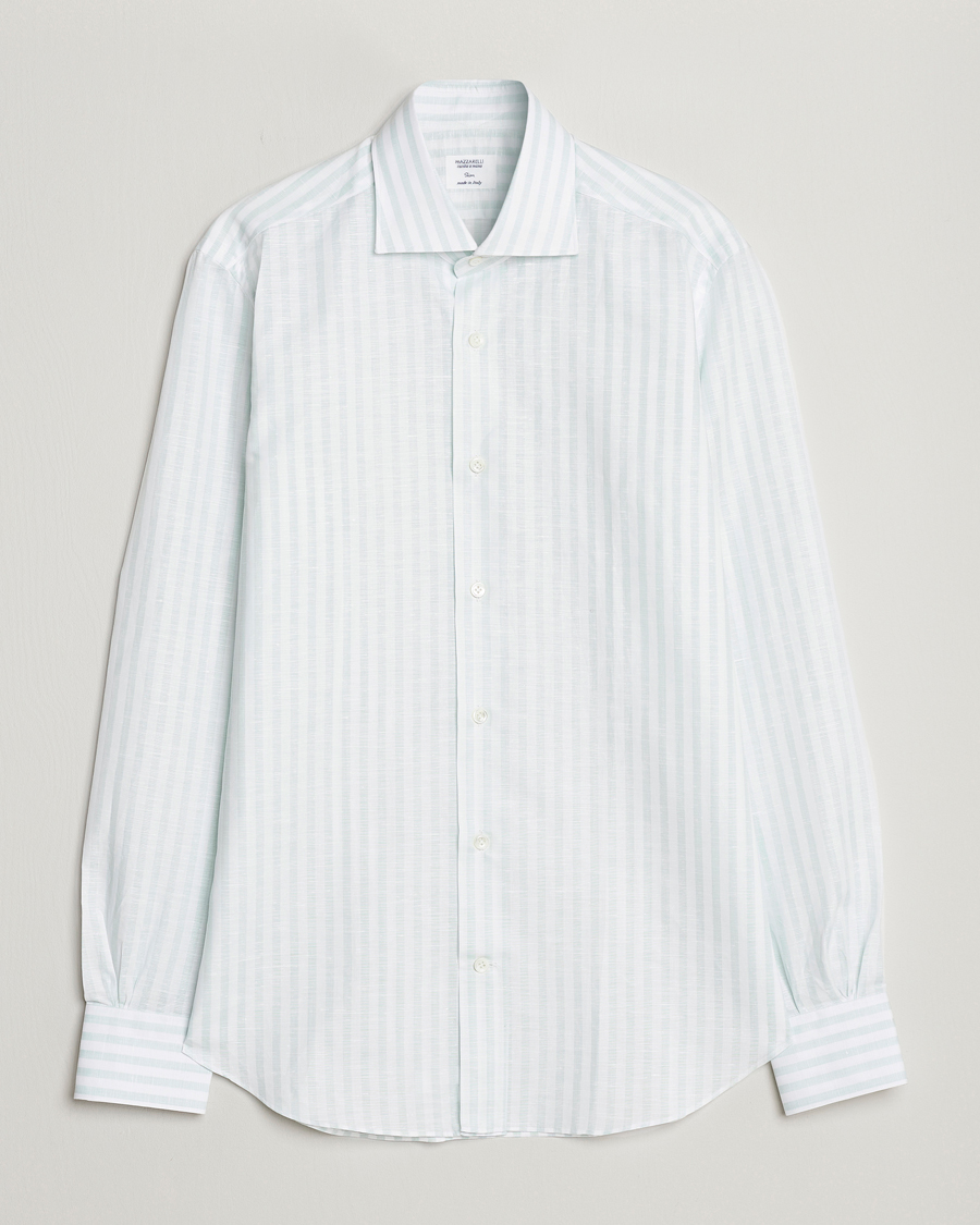 Homme | Chemises | Mazzarelli | Soft Cotton/Linen Shirt Light Green Stripe