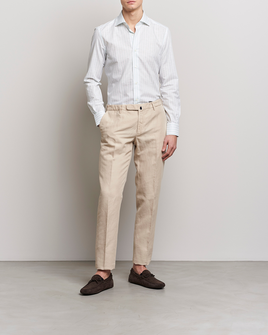 Homme | Chemises | Mazzarelli | Soft Cotton/Linen Shirt Light Green Stripe