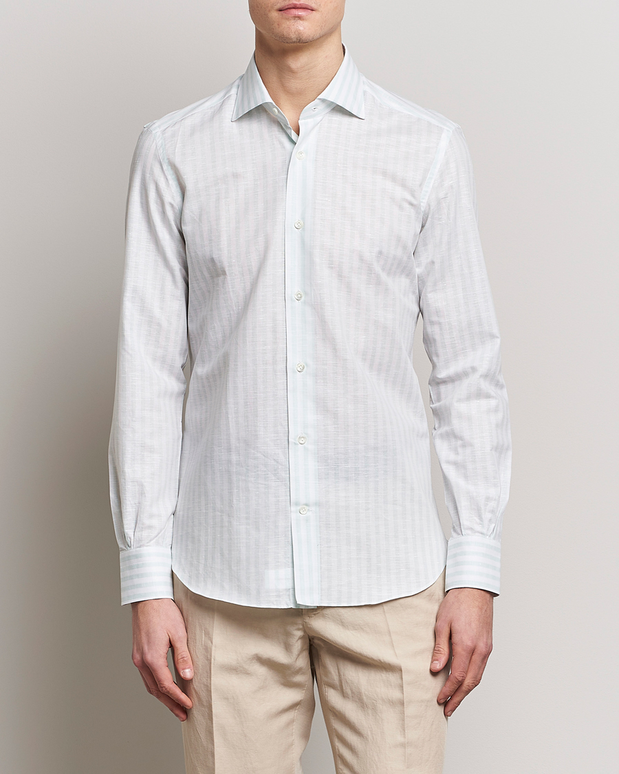 Homme | Chemises | Mazzarelli | Soft Cotton/Linen Shirt Light Green Stripe