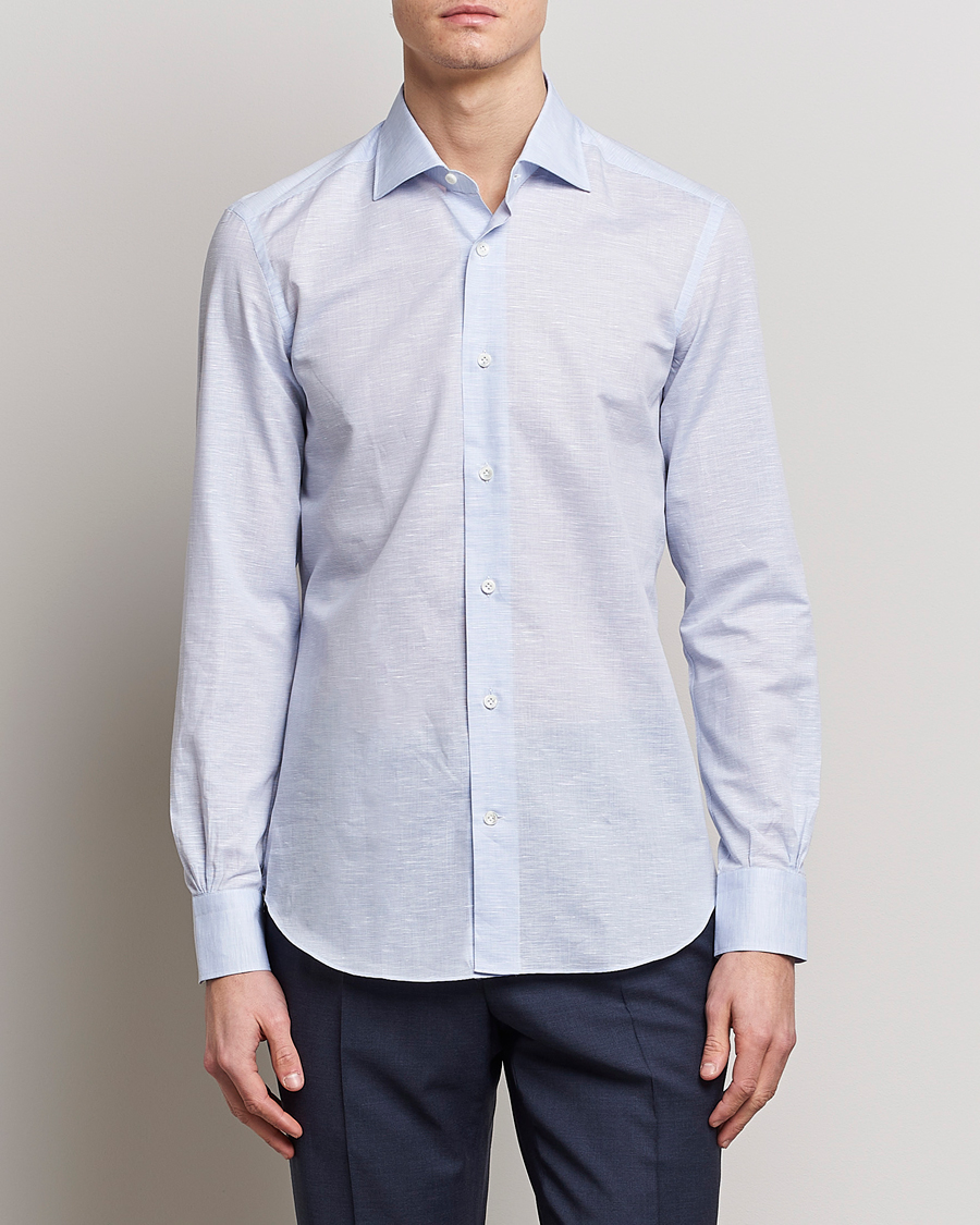 Homme | Chemises | Mazzarelli | Soft Cotton/Linen Shirt Light Blue