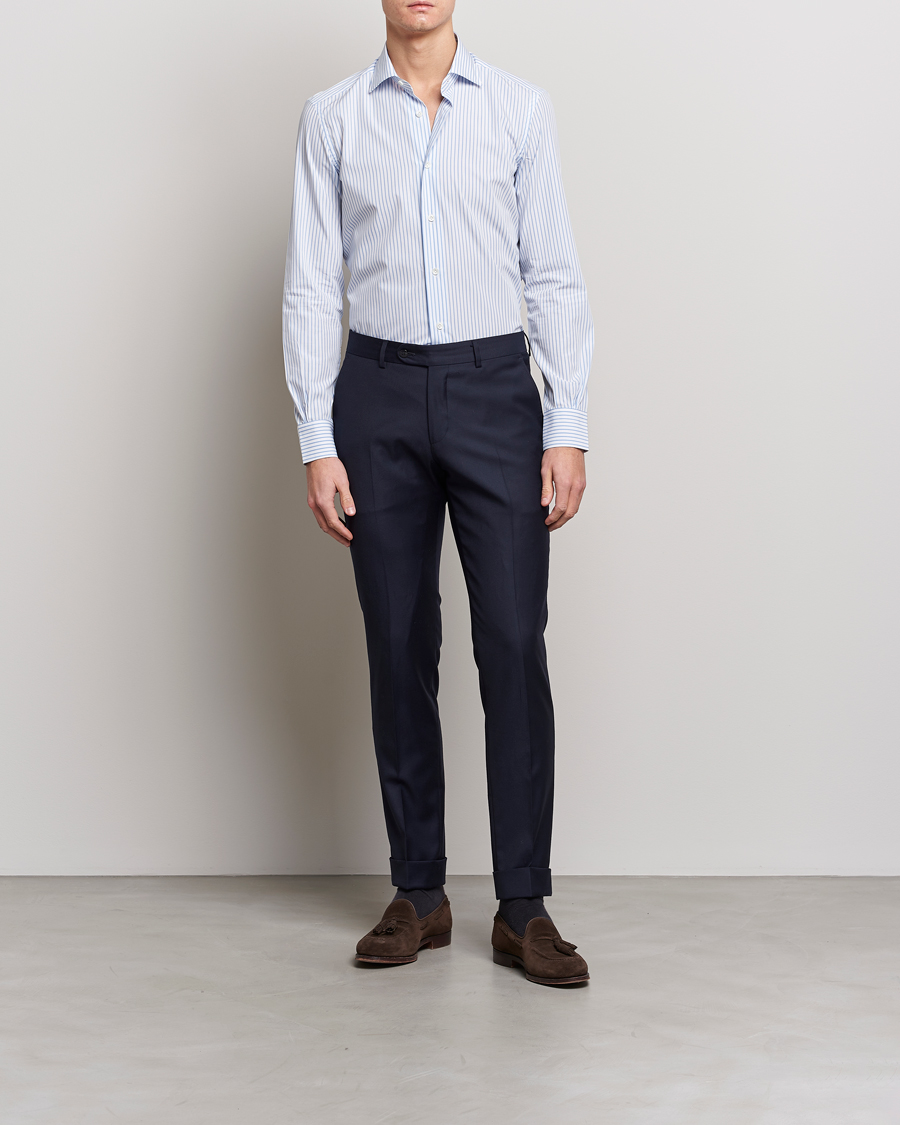 Homme | Chemises | Mazzarelli | Soft Cotton Cut Away Shirt Light Blue Stripe