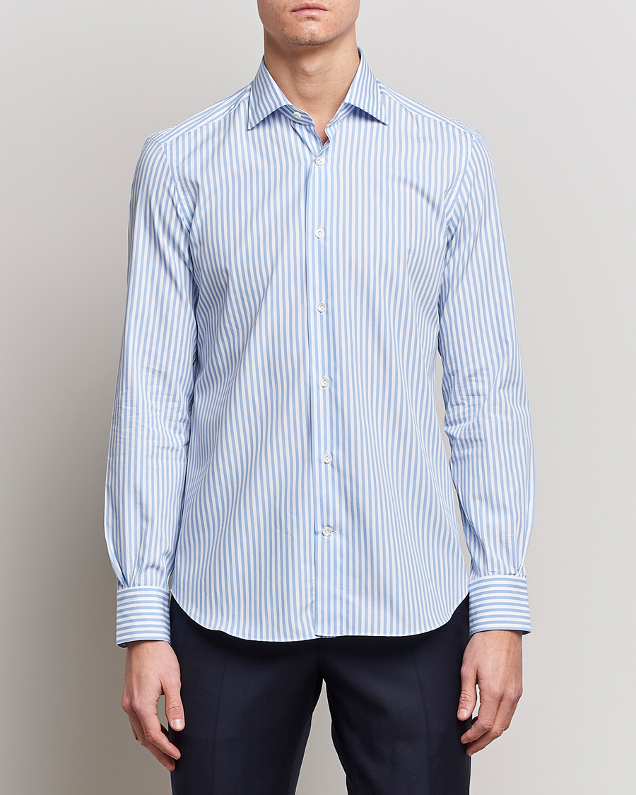 Homme | Chemises | Mazzarelli | Soft Cotton Cut Away Shirt Blue Stripe