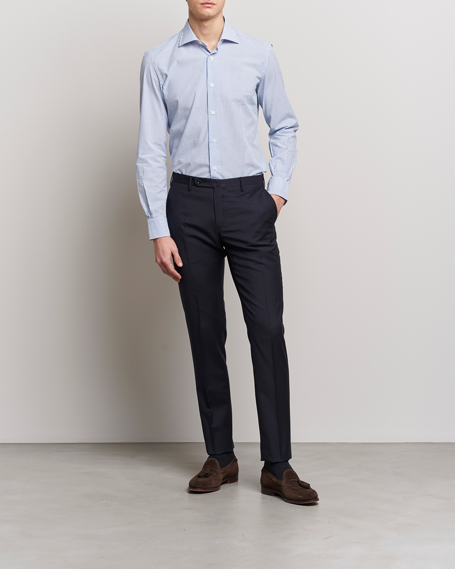 Homme | Chemises | Mazzarelli | Soft Seersucker Shirt Light Blue Stripe