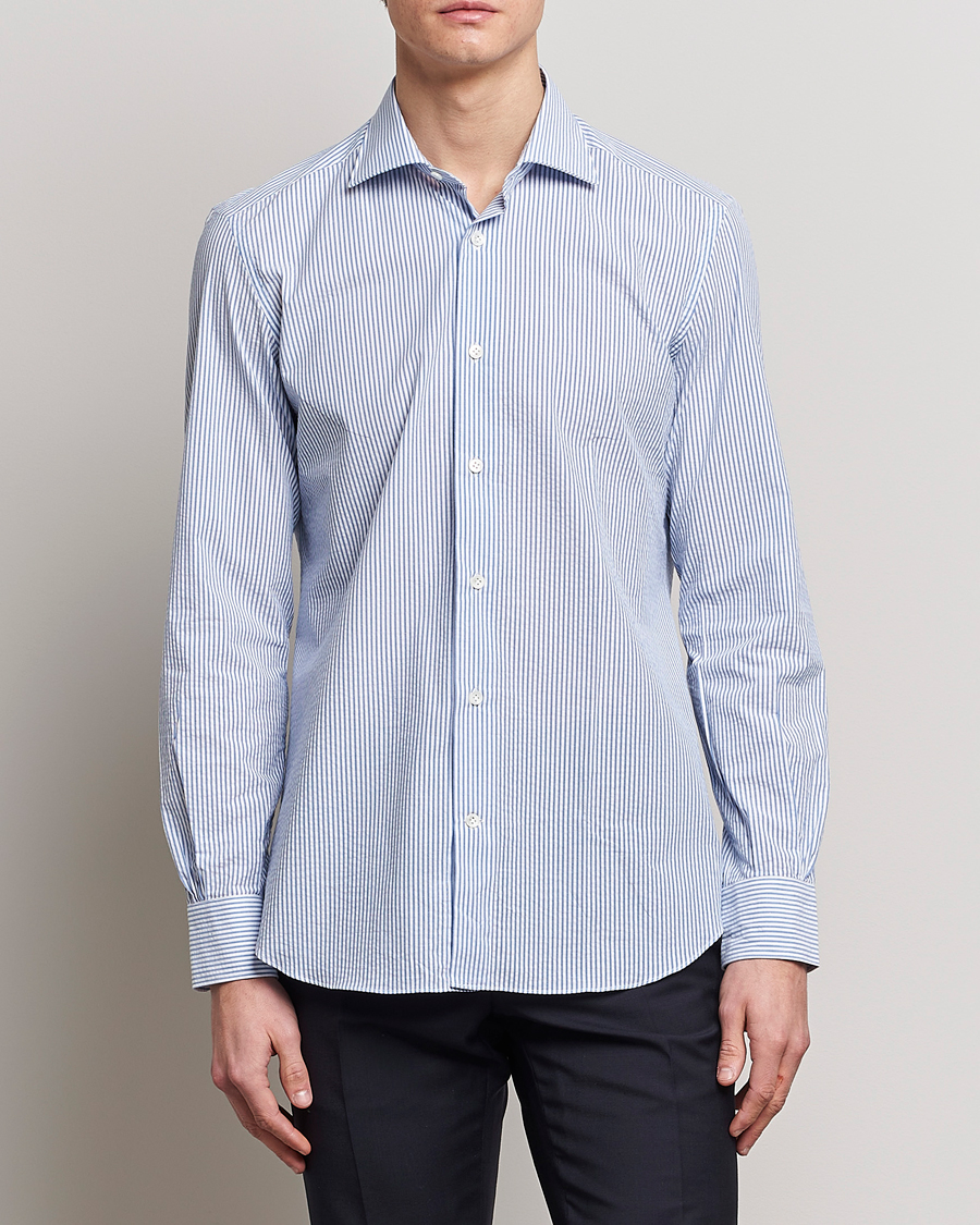 Homme | Chemises | Mazzarelli | Soft Seersucker Shirt Light Blue Stripe