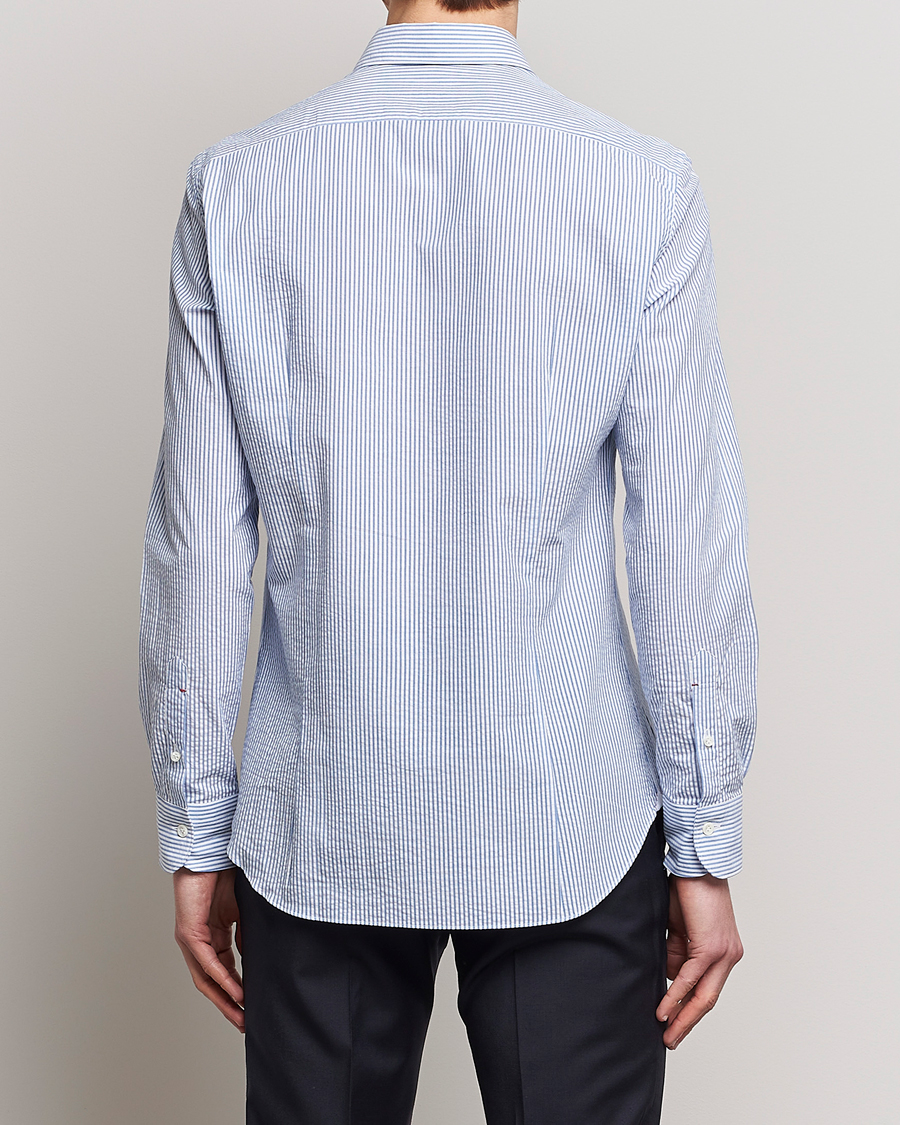 Homme | Chemises | Mazzarelli | Soft Seersucker Shirt Light Blue Stripe