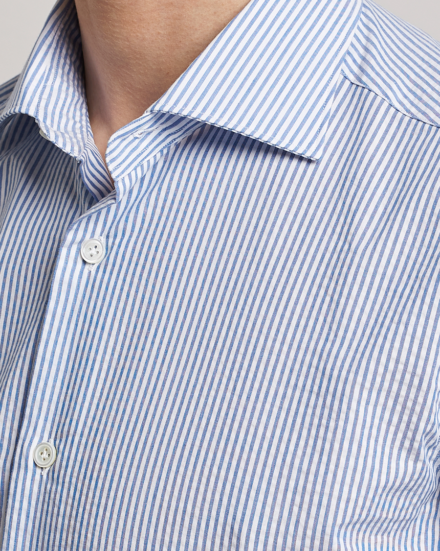 Homme | Chemises | Mazzarelli | Soft Seersucker Shirt Light Blue Stripe