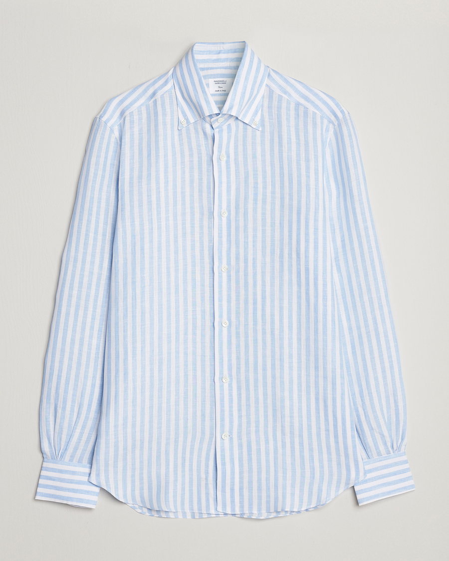 Homme | Chemises | Mazzarelli | Soft Linen Button Down Shirt Light Blue Stripe