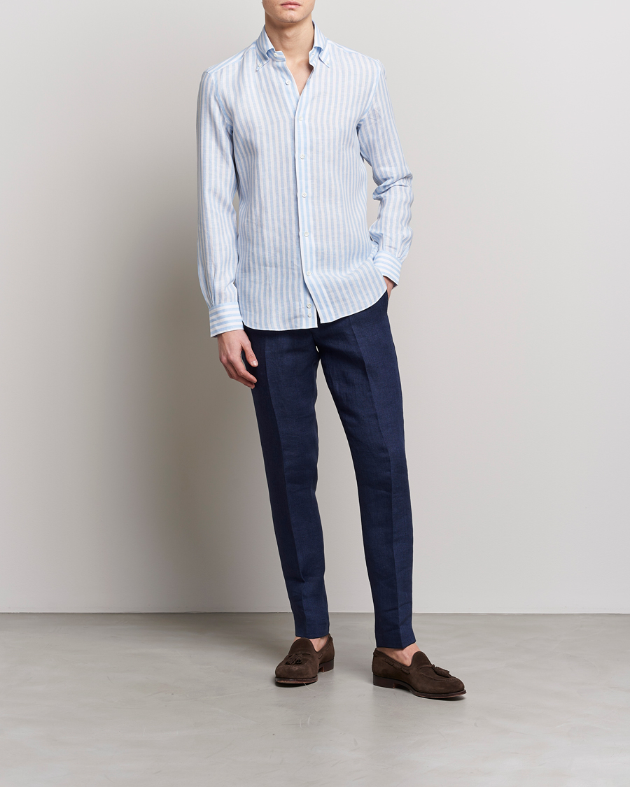 Homme | Chemises | Mazzarelli | Soft Linen Button Down Shirt Light Blue Stripe