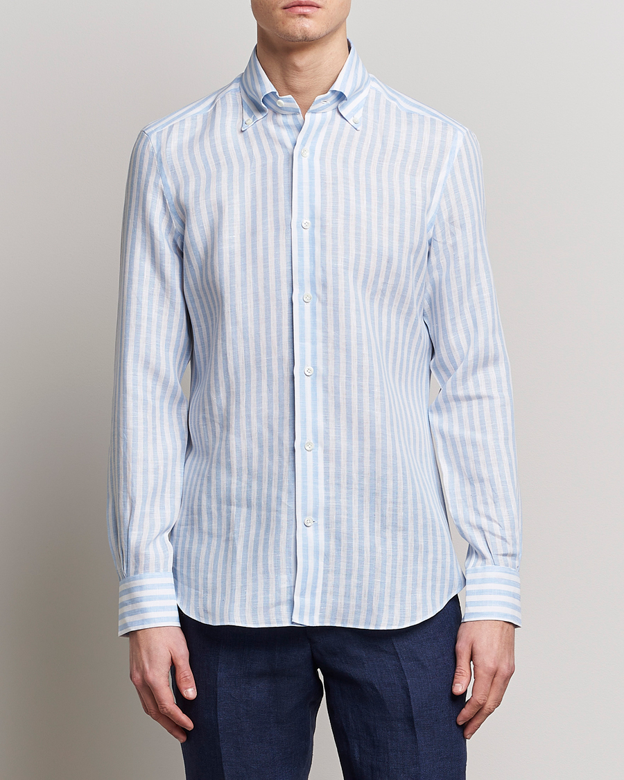 Homme | Chemises | Mazzarelli | Soft Linen Button Down Shirt Light Blue Stripe