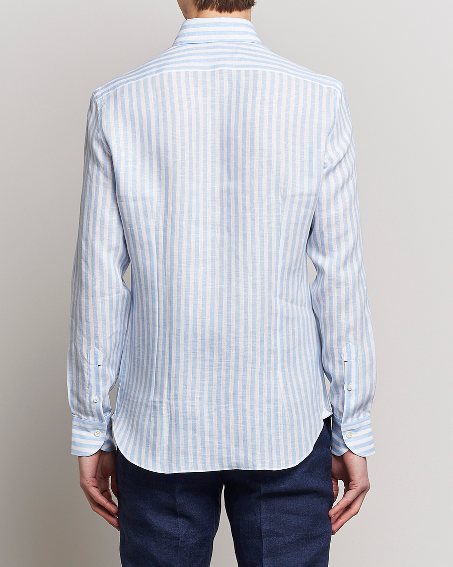 Homme | Chemises | Mazzarelli | Soft Linen Button Down Shirt Light Blue Stripe