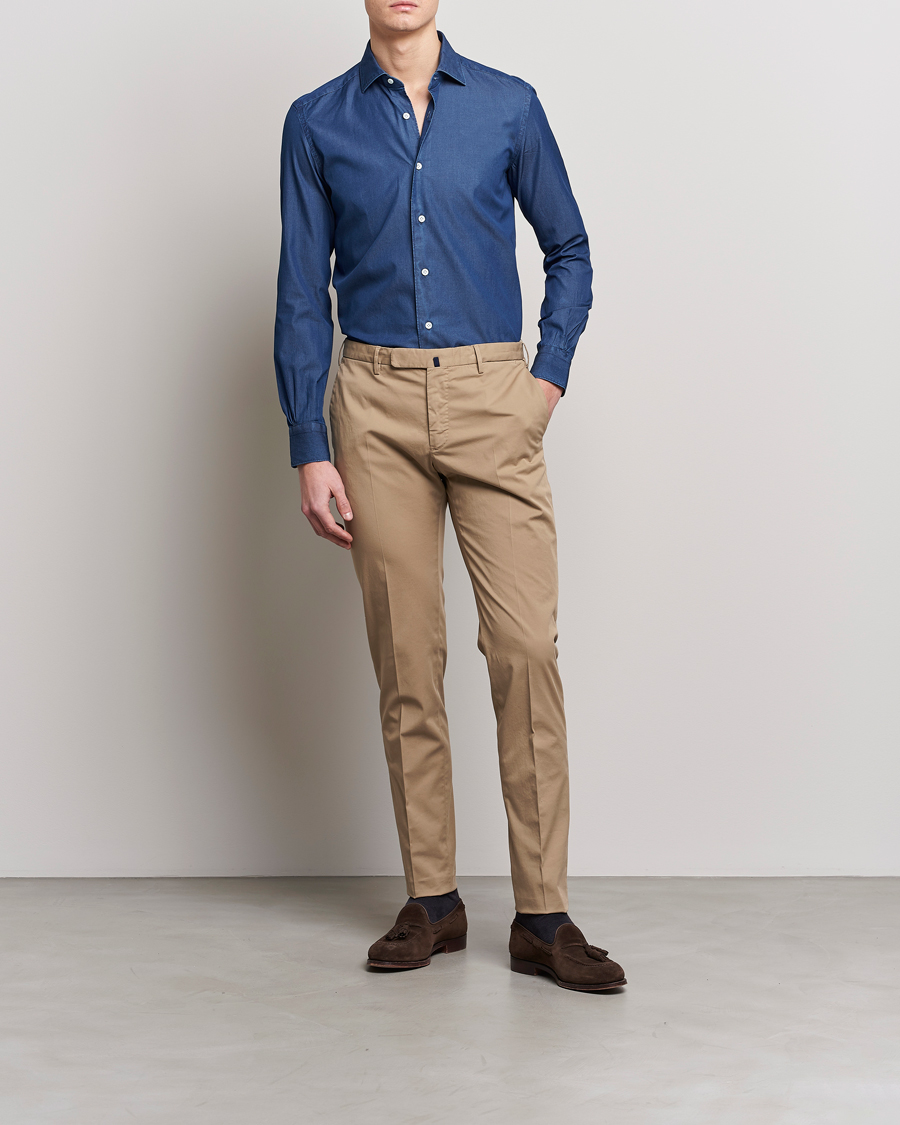 Homme | Chemises | Mazzarelli | Soft Denim Cut Away Shirt Dark Indigo