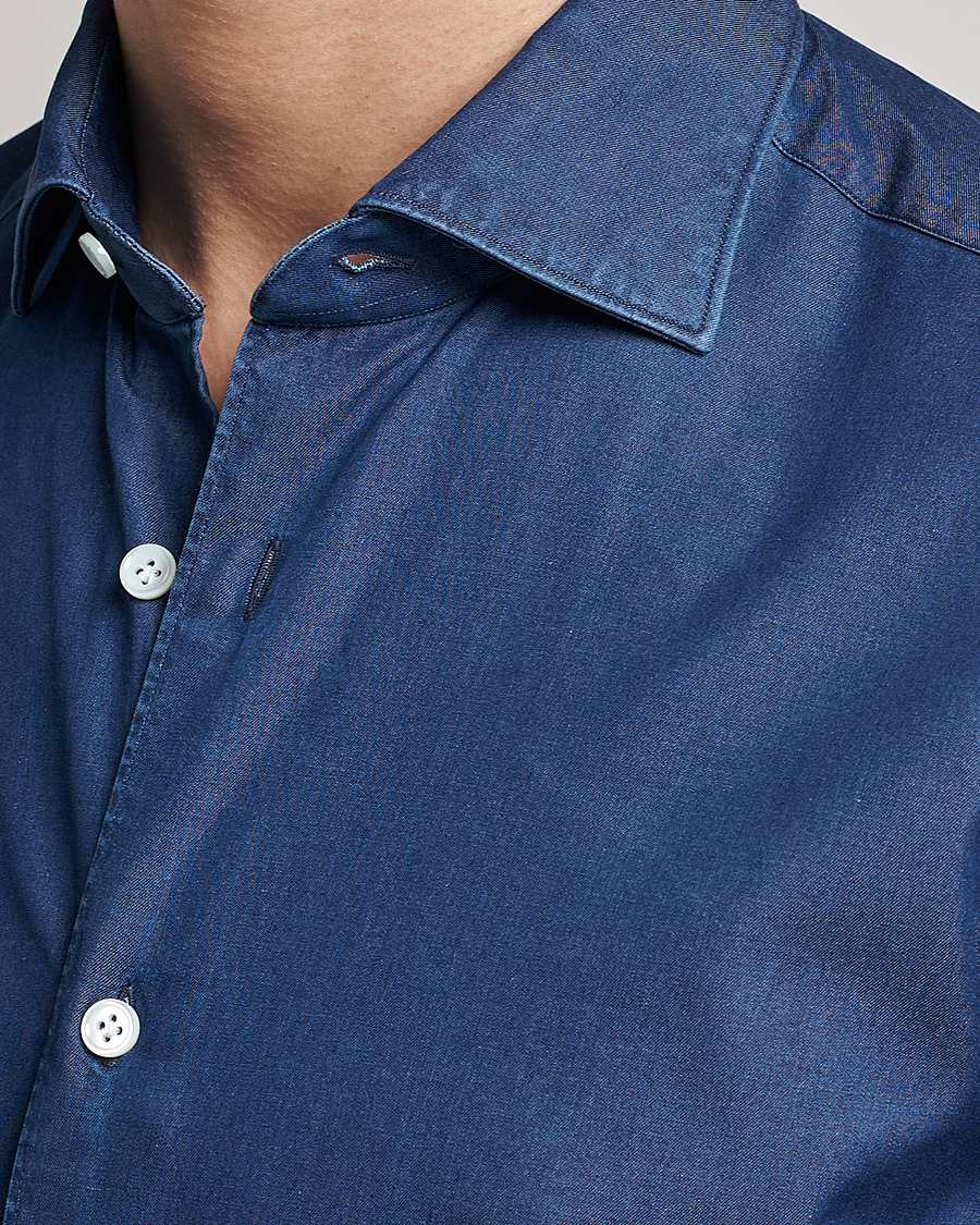 Homme | Chemises | Mazzarelli | Soft Denim Cut Away Shirt Dark Indigo