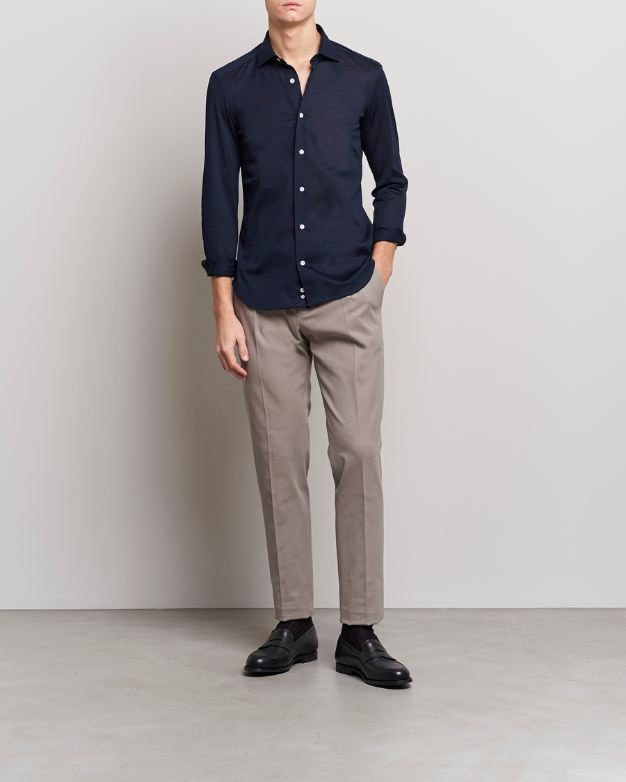 Homme | Chemises | Mazzarelli | Soft Washed Piquet Shirt Navy