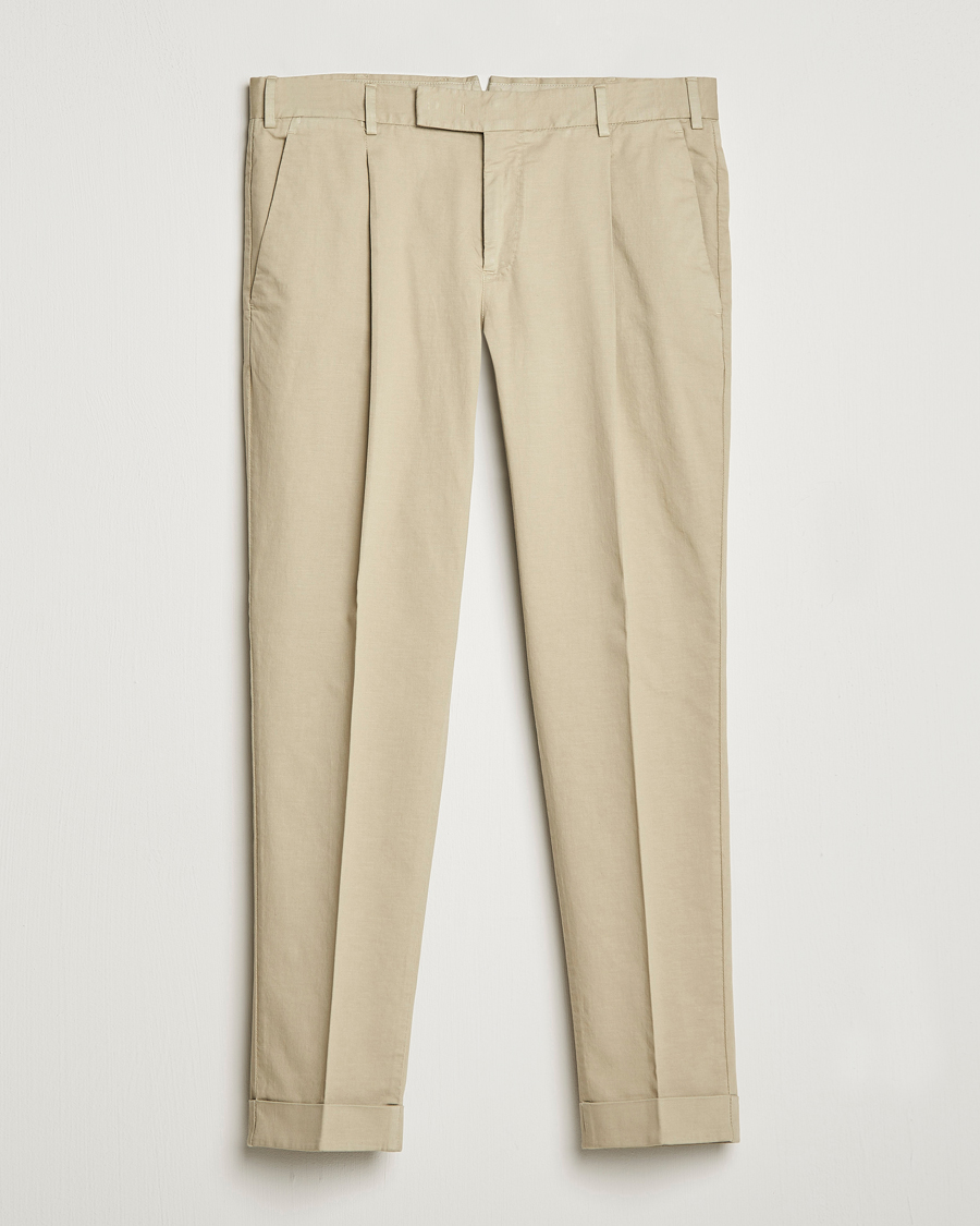 Homme | Pantalons | PT01 | Slim Fit Pleated Linen Blend Trousers Beige