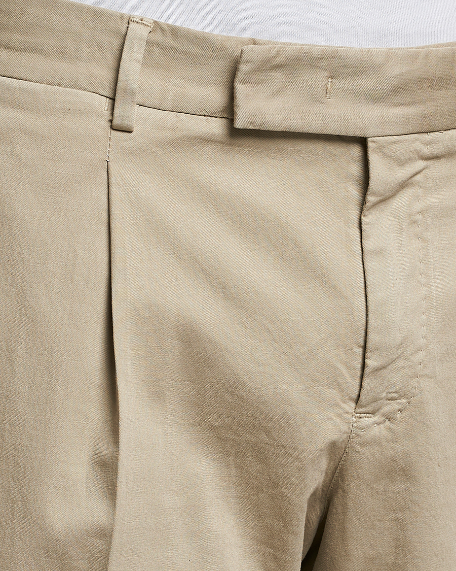 Homme | Pantalons | PT01 | Slim Fit Pleated Linen Blend Trousers Beige