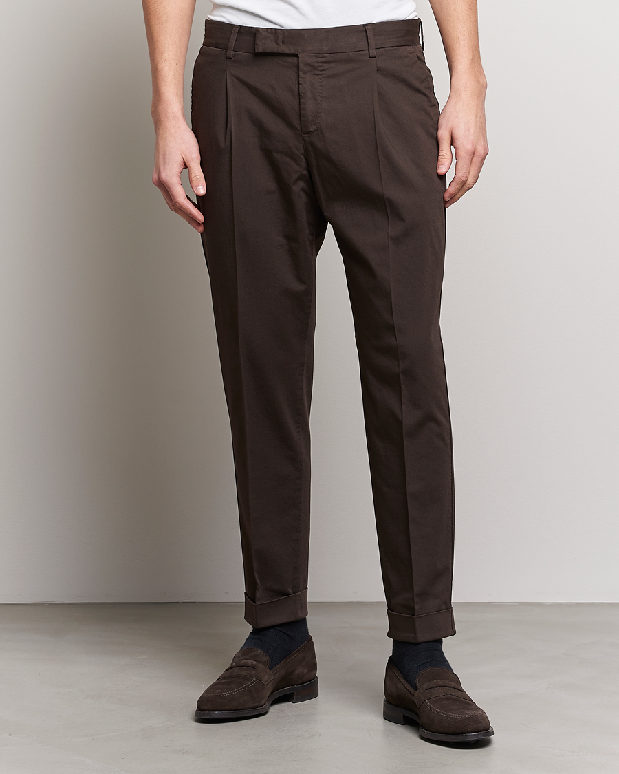 Homme | Pantalons | PT01 | Slim Fit Pleated Linen Blend Trousers Chocolate
