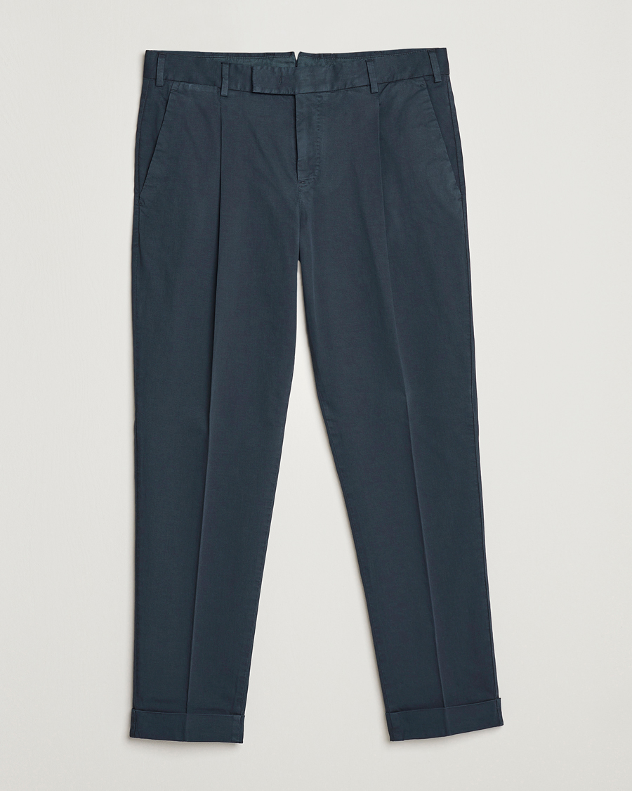 Homme | Pantalons | PT01 | Slim Fit Pleated Linen Blend Trousers Navy