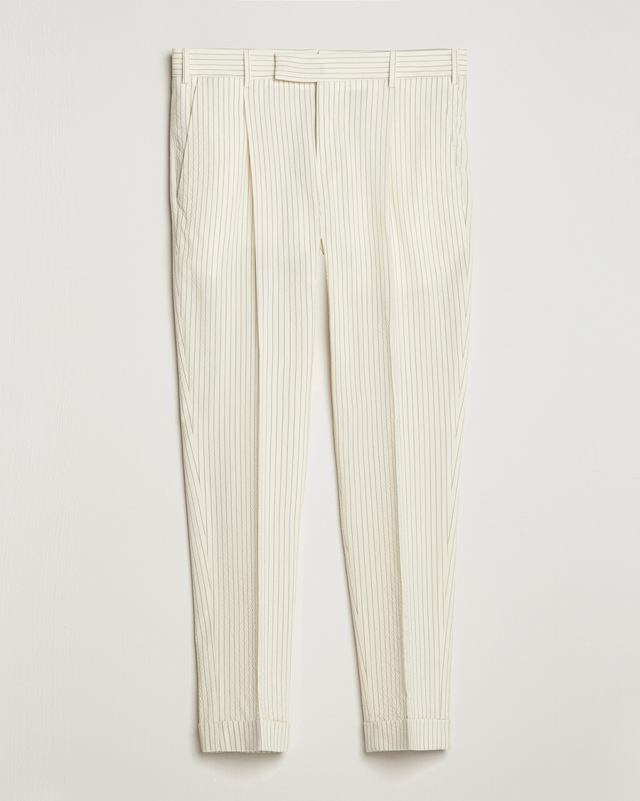 Homme | Pantalons | PT01 | Slim Fit Pleated Wool Seersucker Trousers Off White