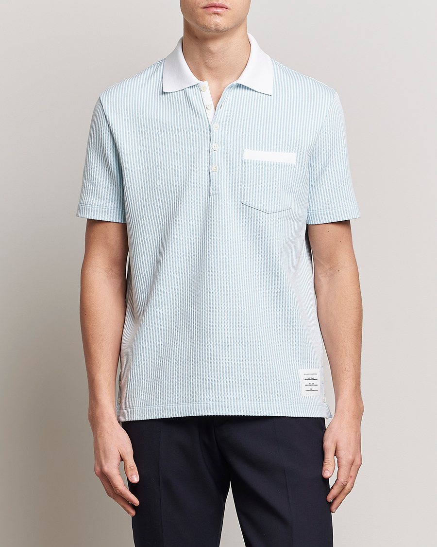 Homme | Polos | Thom Browne | Short Sleeve Seersucker Polo Light Blue