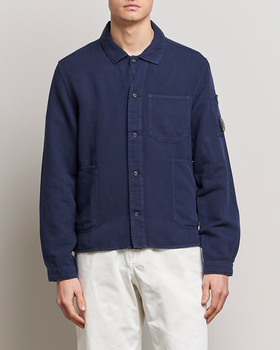 Homme | Chemises | C.P. Company | Broken Linen/Cotton Garment Dyed Overshirt Navy