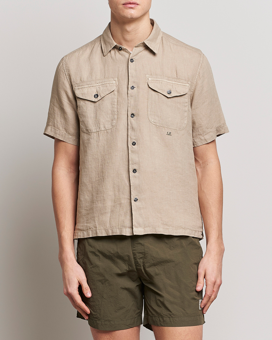 Homme | Chemises | C.P. Company | Short Sleeve Pocket Linen Shirt Taupe