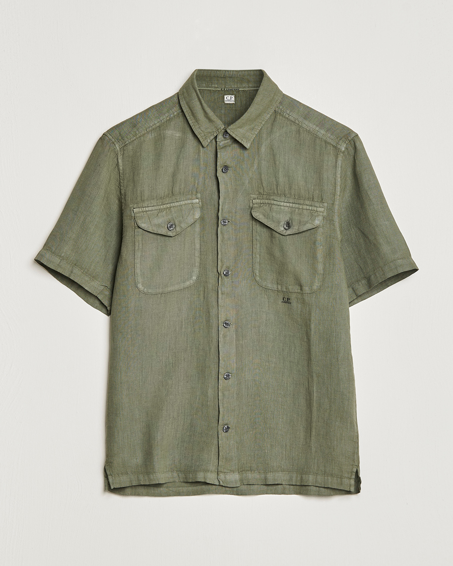 Homme | Chemises | C.P. Company | Short Sleeve Pocket Linen Shirt Olive
