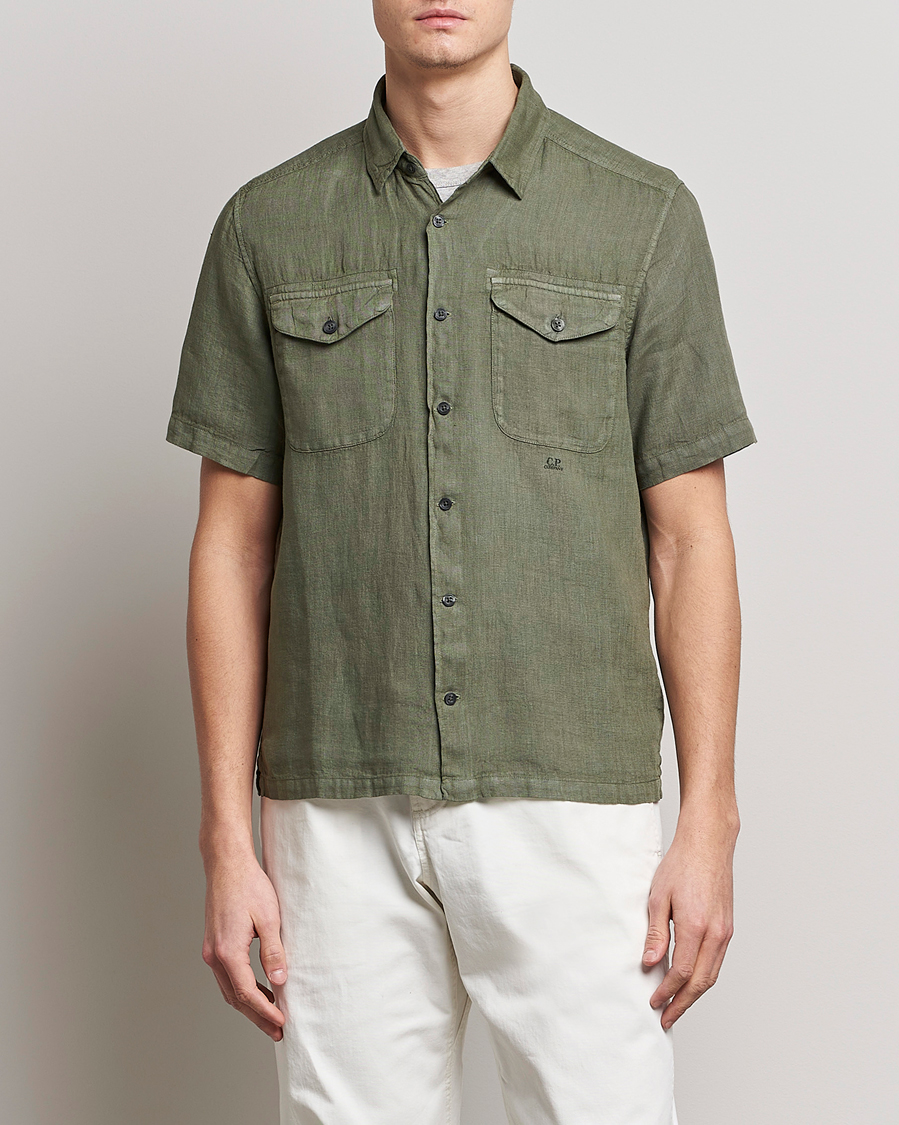 Homme | Chemises | C.P. Company | Short Sleeve Pocket Linen Shirt Olive
