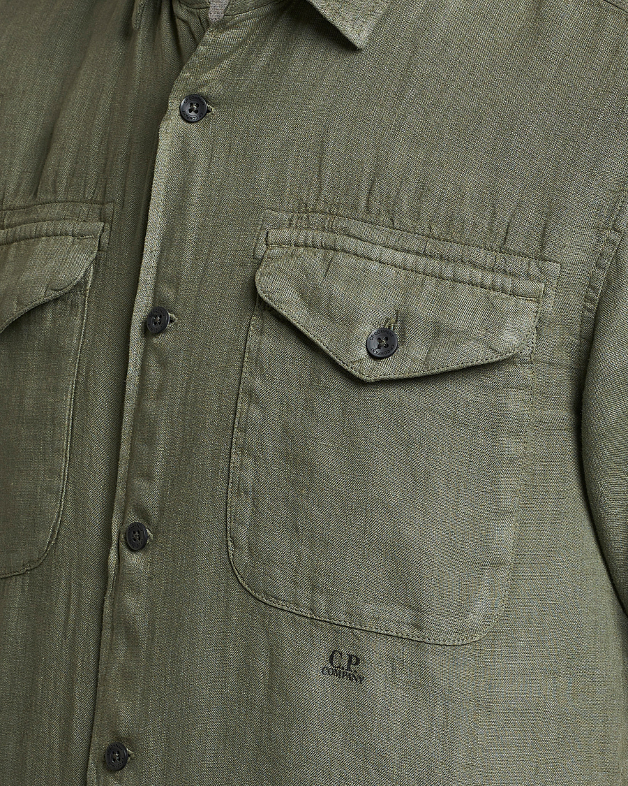 Homme | Chemises | C.P. Company | Short Sleeve Pocket Linen Shirt Olive