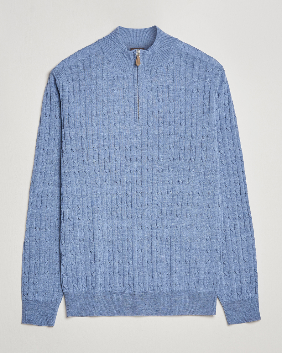 Homme | Pulls Et Tricots | Stenströms | Merino Cable Half Zip Light Blue