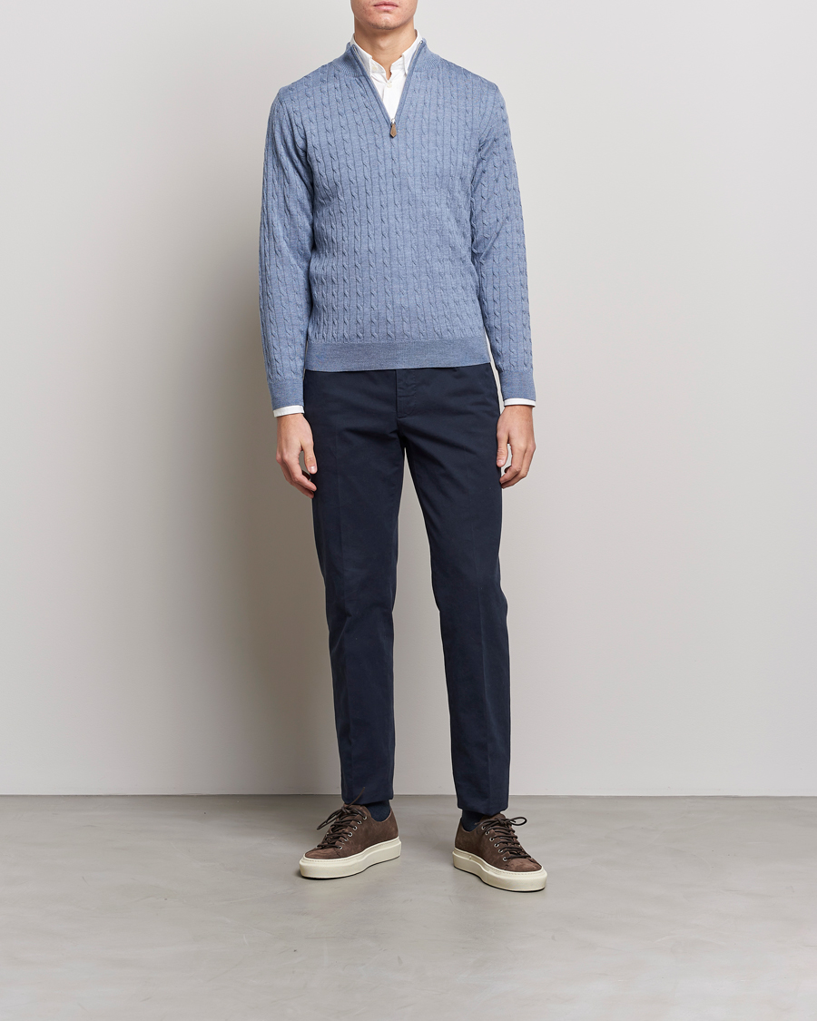Homme | Pulls Et Tricots | Stenströms | Merino Cable Half Zip Light Blue