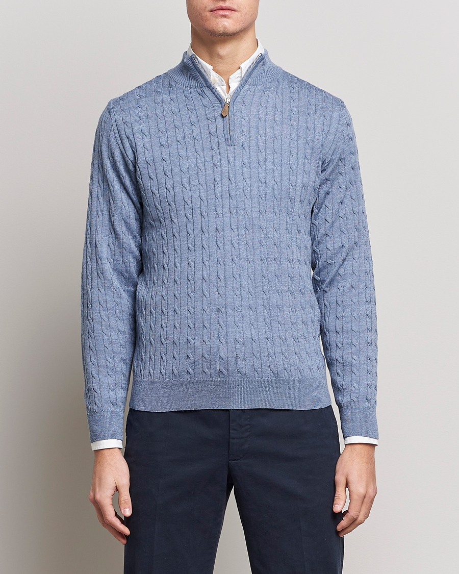 Homme | Pulls Et Tricots | Stenströms | Merino Cable Half Zip Light Blue