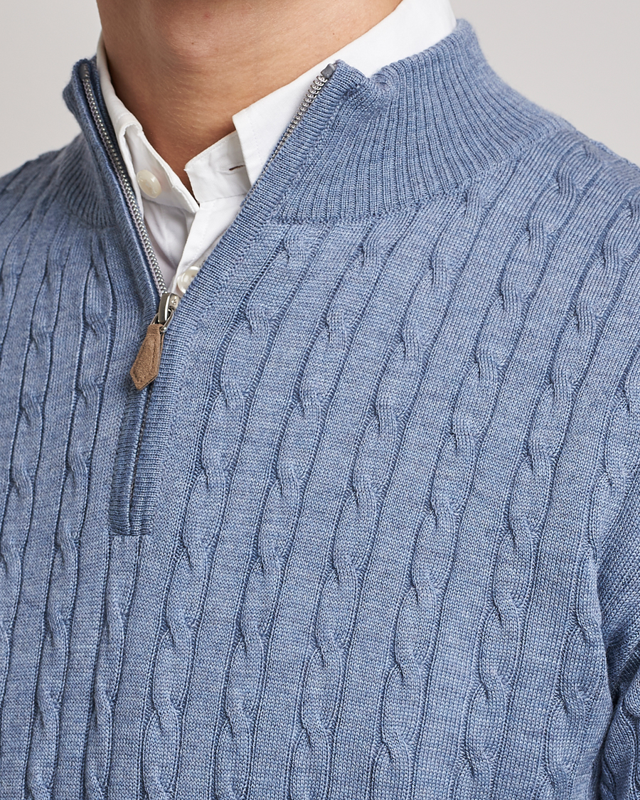 Homme | Pulls Et Tricots | Stenströms | Merino Cable Half Zip Light Blue