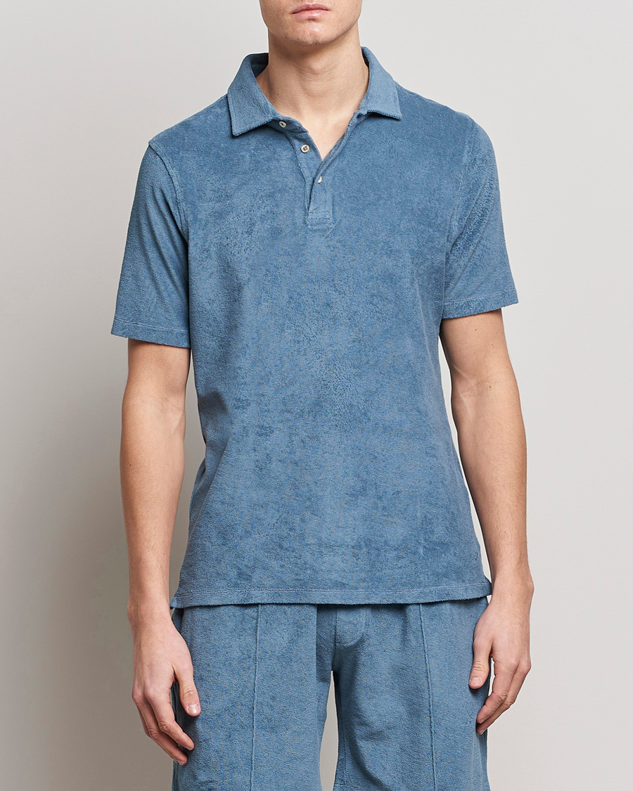 Homme | Polos | Stenströms | Terry Cotton Poloshirt Petrol Blue