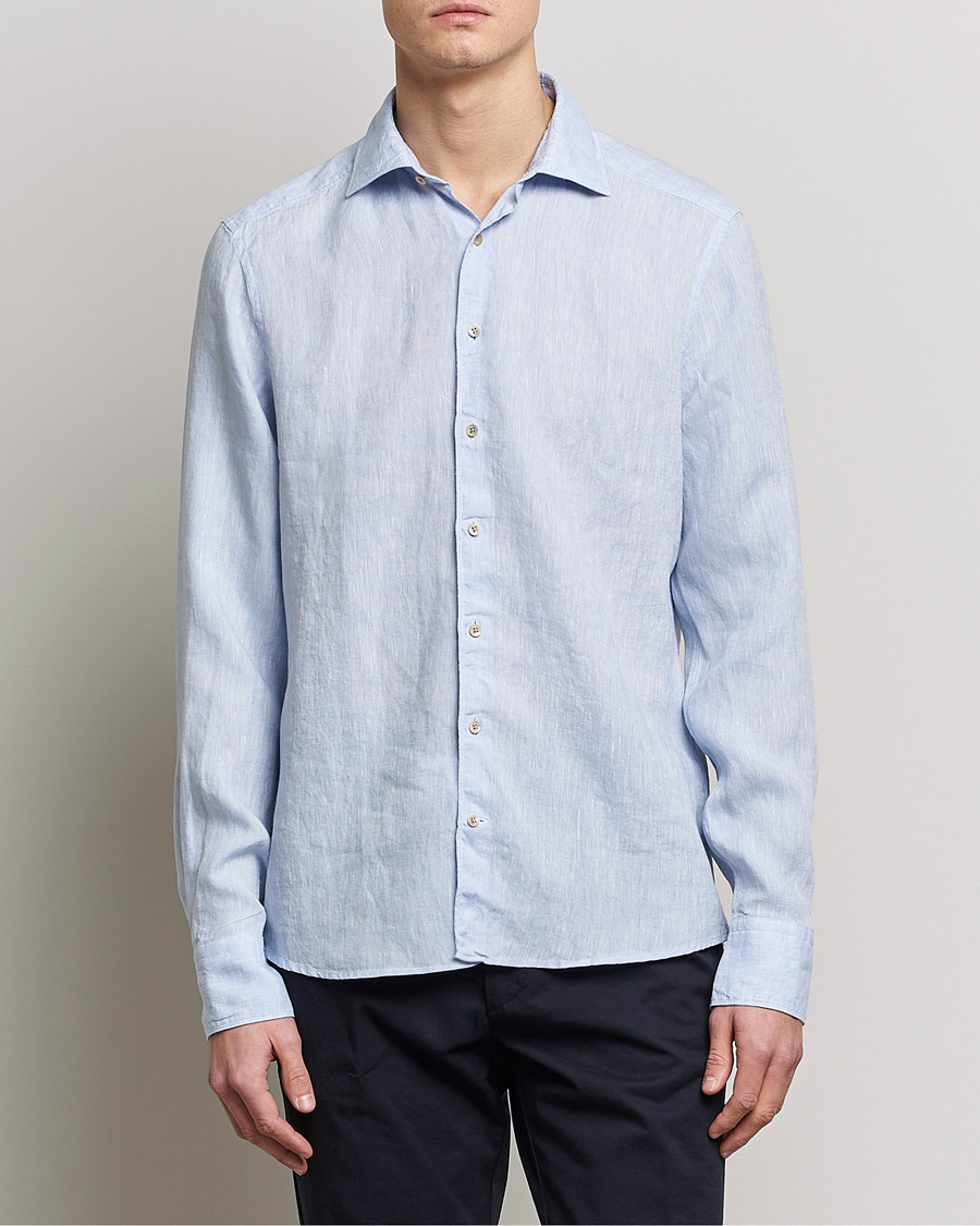 Homme | Chemises En Lin | Stenströms | Slimline Cut Away Linen Shirt Light Blue