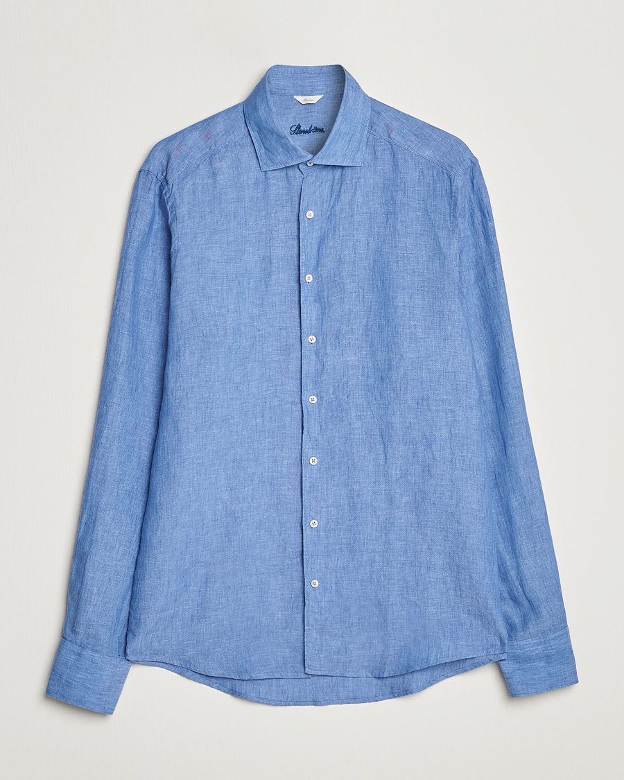 Homme | Chemises | Stenströms | Slimline Cut Away Linen Shirt Mid Blue