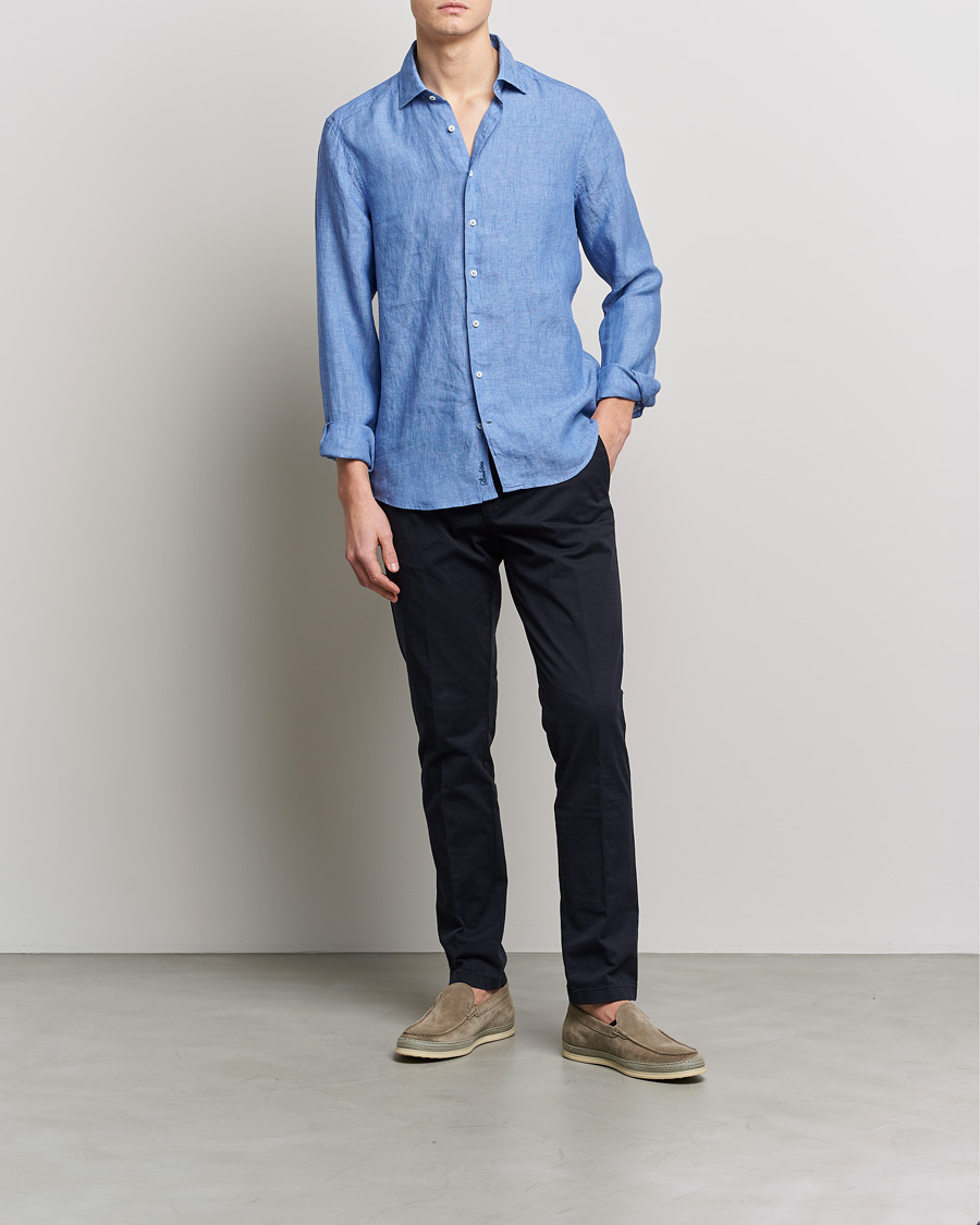 Homme | Chemises | Stenströms | Slimline Cut Away Linen Shirt Mid Blue