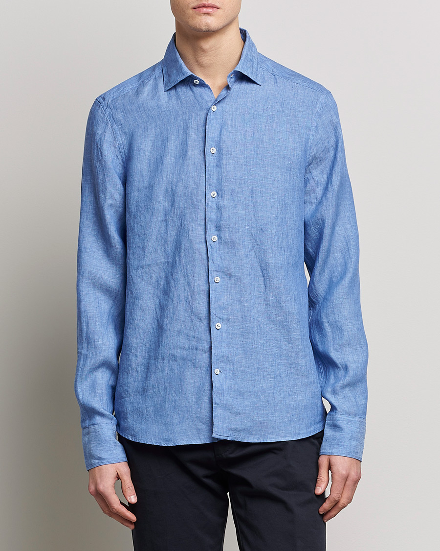 Homme | Chemises | Stenströms | Slimline Cut Away Linen Shirt Mid Blue