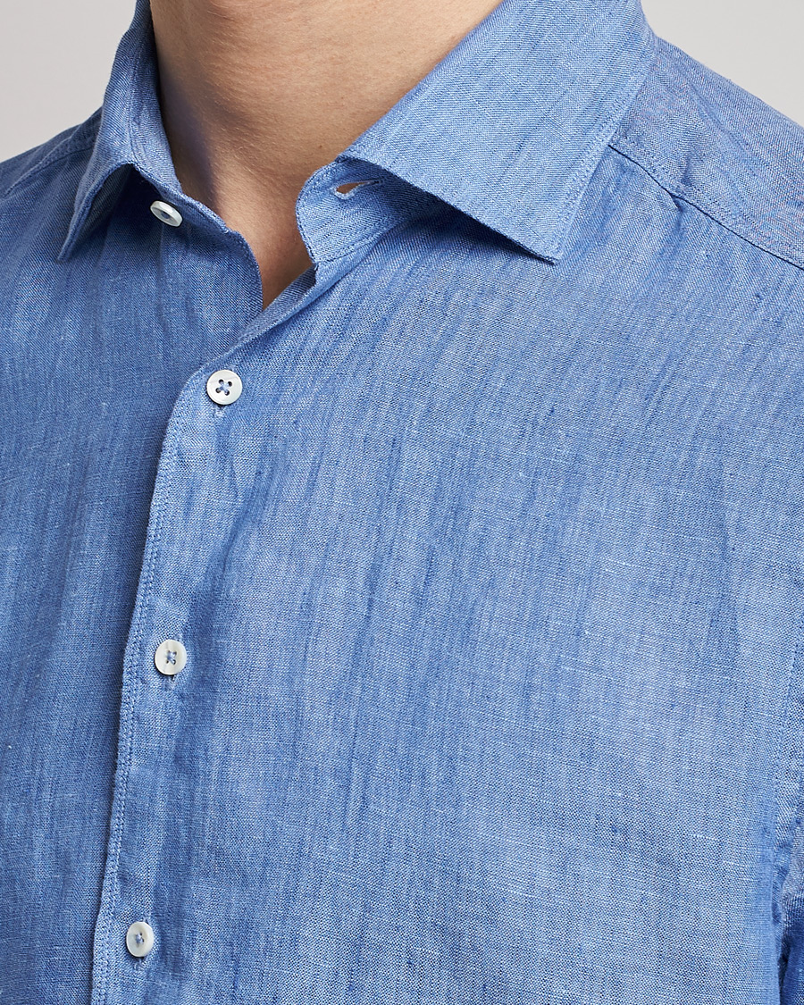 Homme | Chemises | Stenströms | Slimline Cut Away Linen Shirt Mid Blue