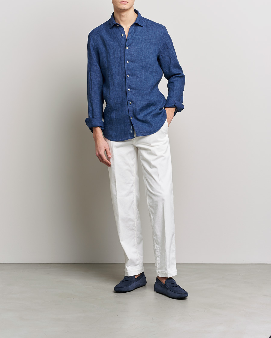 Homme | Chemises | Stenströms | Slimline Cut Away Linen Shirt Dark Blue