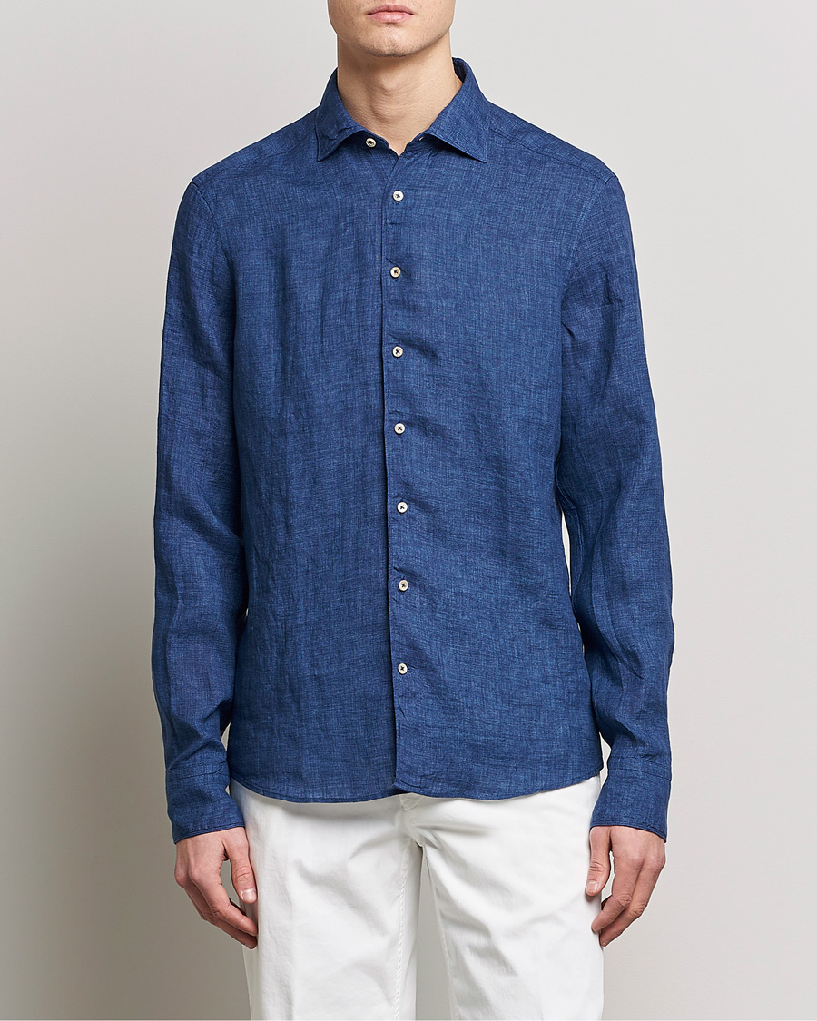 Homme | Chemises | Stenströms | Slimline Cut Away Linen Shirt Dark Blue