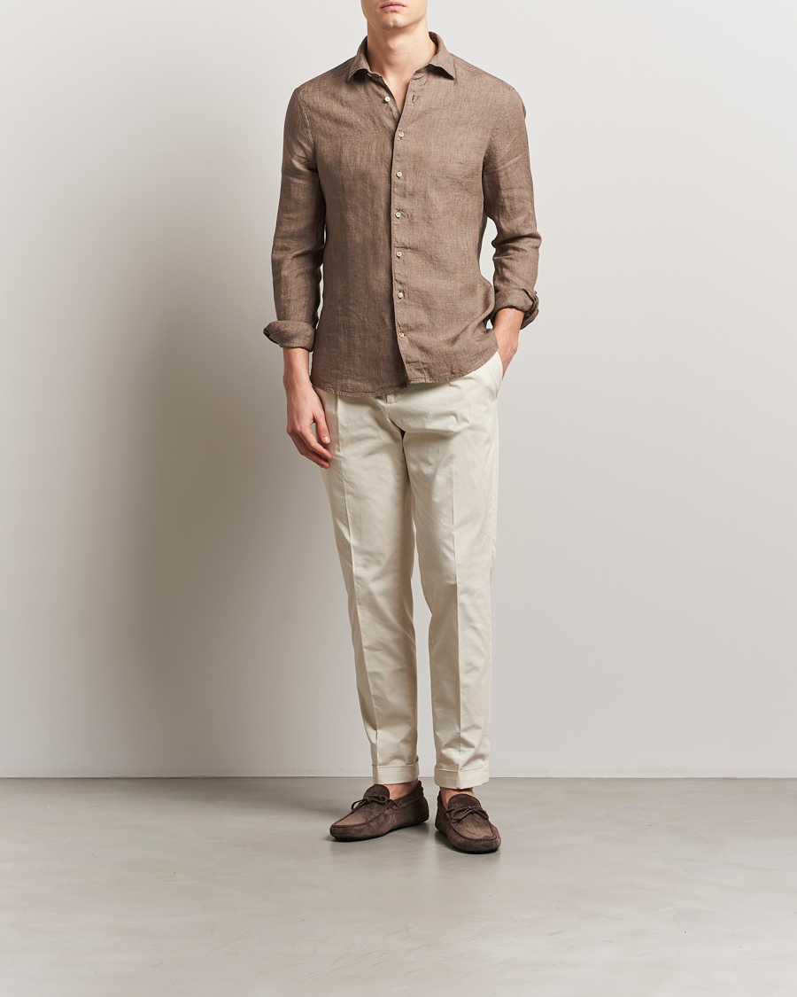 Homme | Chemises | Stenströms | Slimline Cut Away Linen Shirt Brown