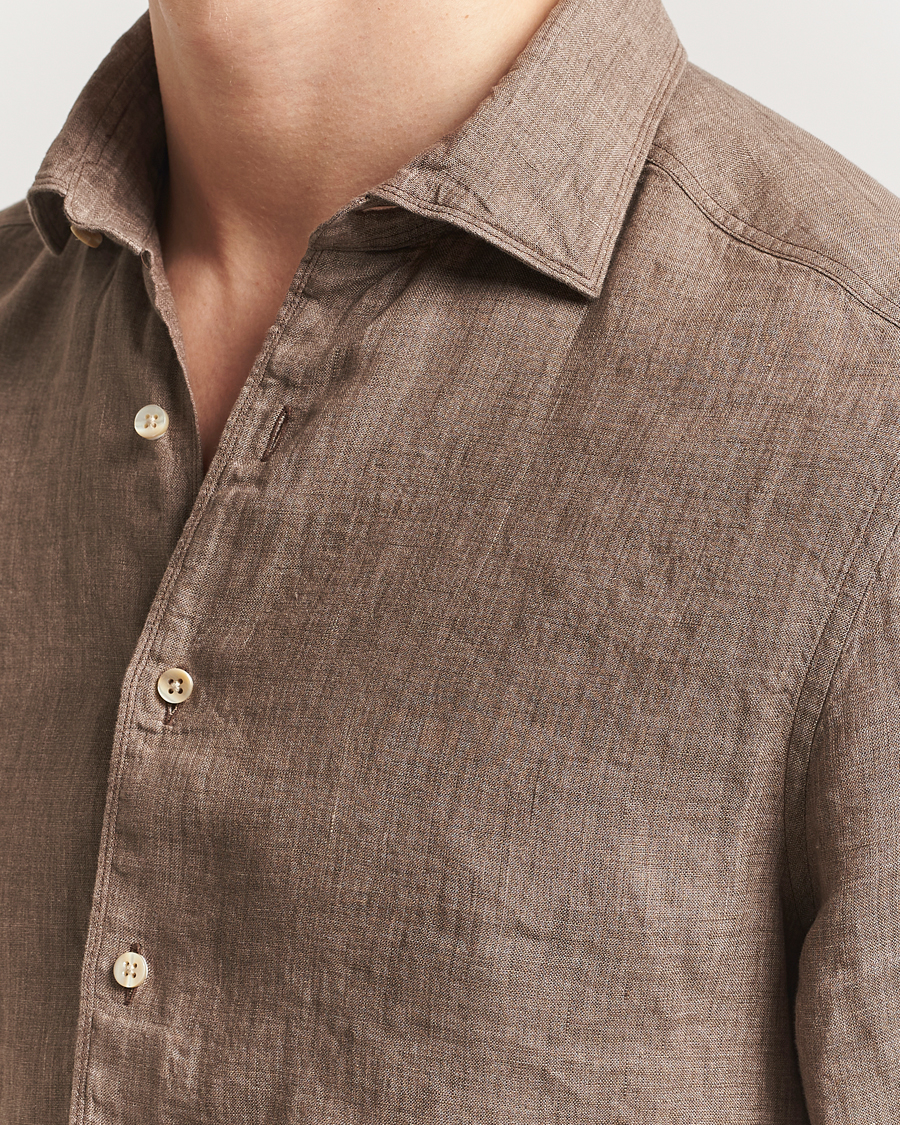 Homme | Chemises | Stenströms | Slimline Cut Away Linen Shirt Brown